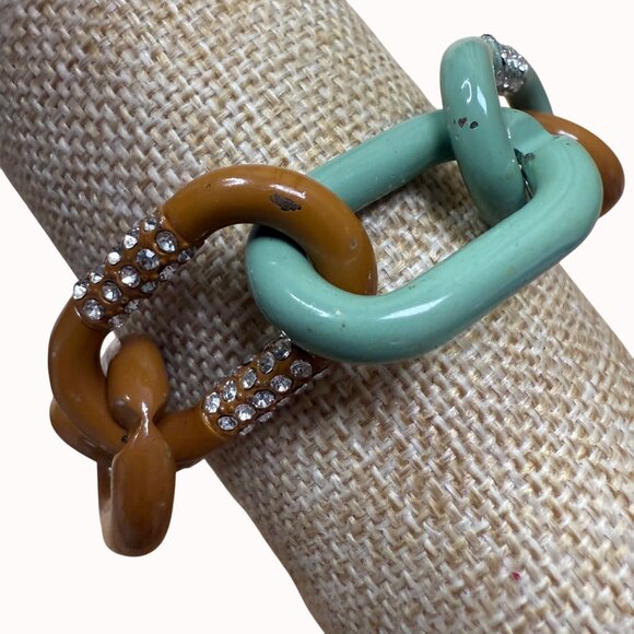 J Crew Chunky Chain Link Bracelet W/ Rhinestone Accents Green & Brown Enamel Gol - Picture 2 of 10